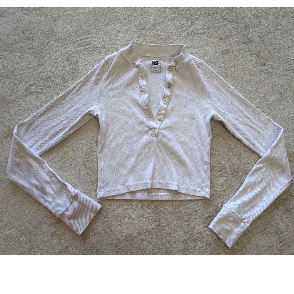 NSF Womens White Ribbed Long Sleeve Henley Top Cropped Thermal Size S USA Made